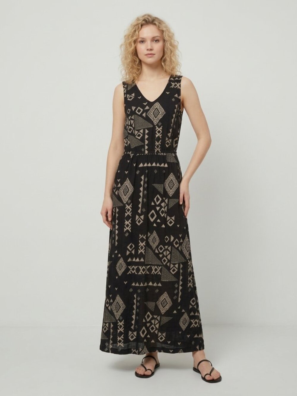 2/$30 Lucky Brand Tribal Print V-Neck Maxi Sheath Dress Black XL #A4544